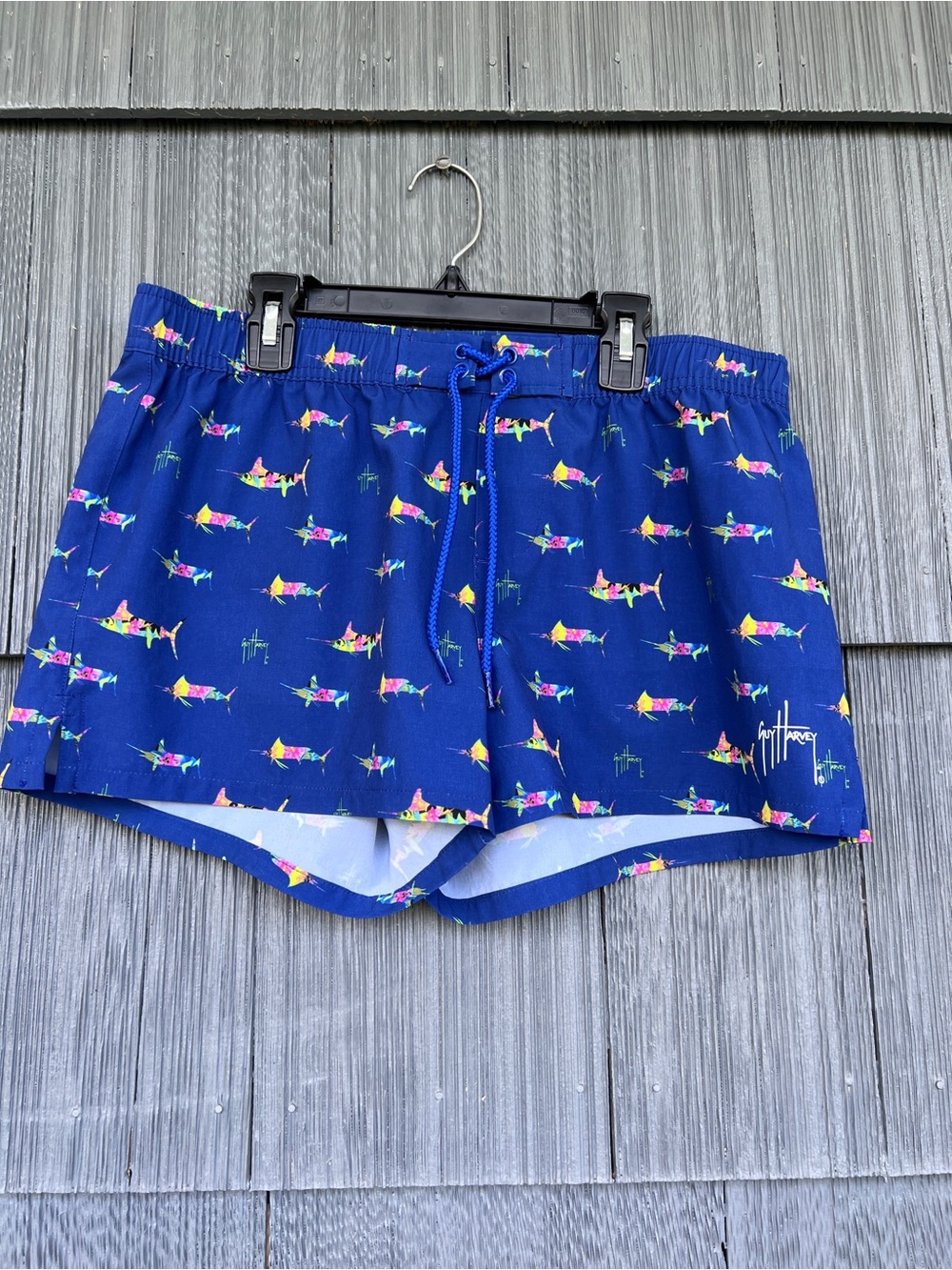Royal Blue Swim Trunks with Neon Fish Print